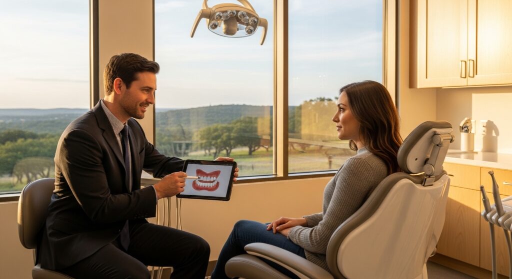 Patient consulting with dentist in modern Texas dental clinic