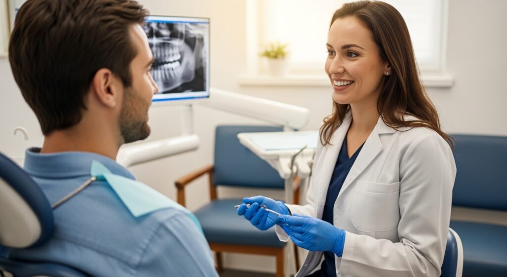 Dentist consulting patient in a modern clinic setting