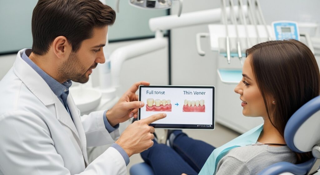 Dentist consulting with patient about crowns and veneers in a dental clinic.