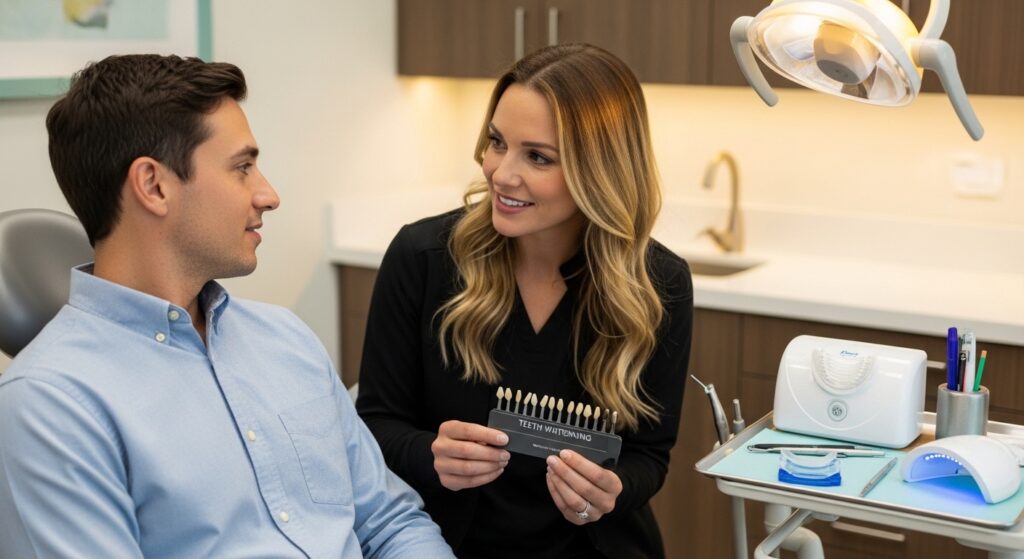 A dentist discussing teeth whitening options with a patient in a modern clinic