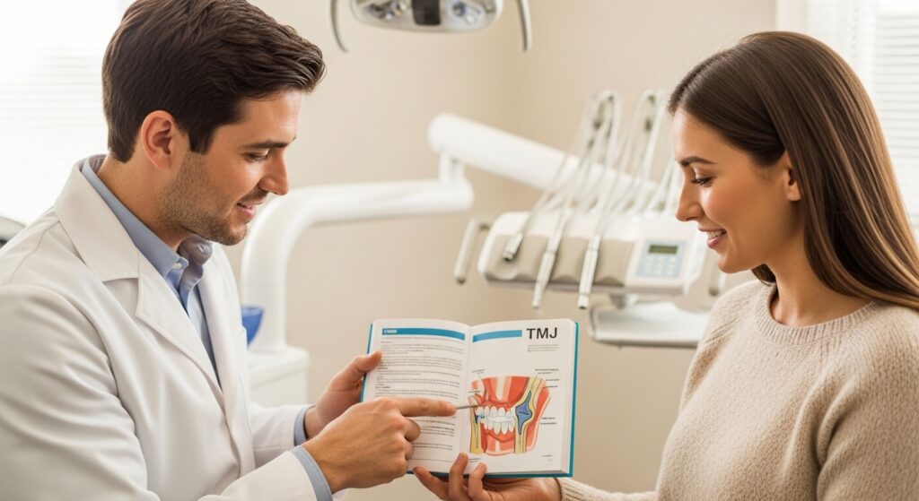 Dentist consulting with a patient about TMJ headaches in Austin dental office