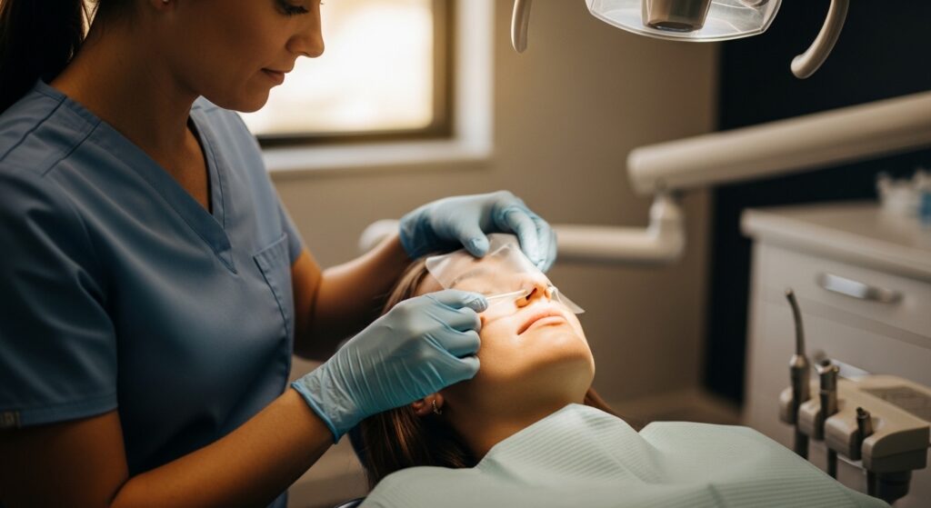 Patient receiving sedation dentistry in a modern dental office setting