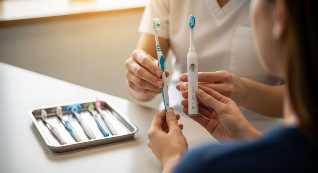 Various types of toothbrushes on display in a dental office