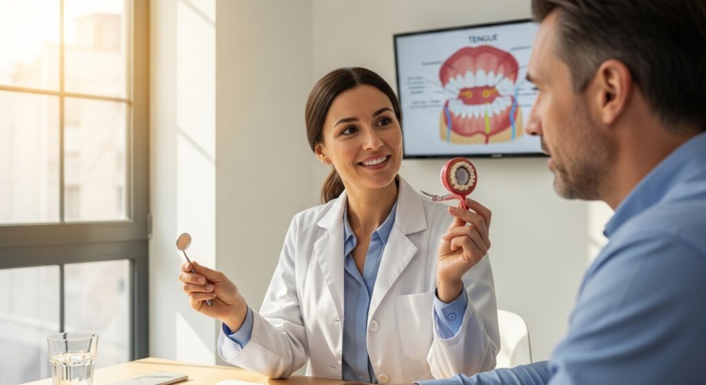 Dentist consulting a patient about bad breath treatment in Austin clinic