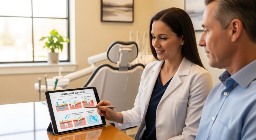 Dentist consulting patient about dental deep cleaning in bright, modern dental office